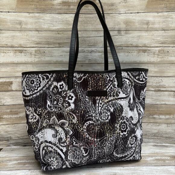 Vera Bradley Handbags - Vera Bradley Sequins Tote Bag Purse Black White Paisley Floral Large Bling